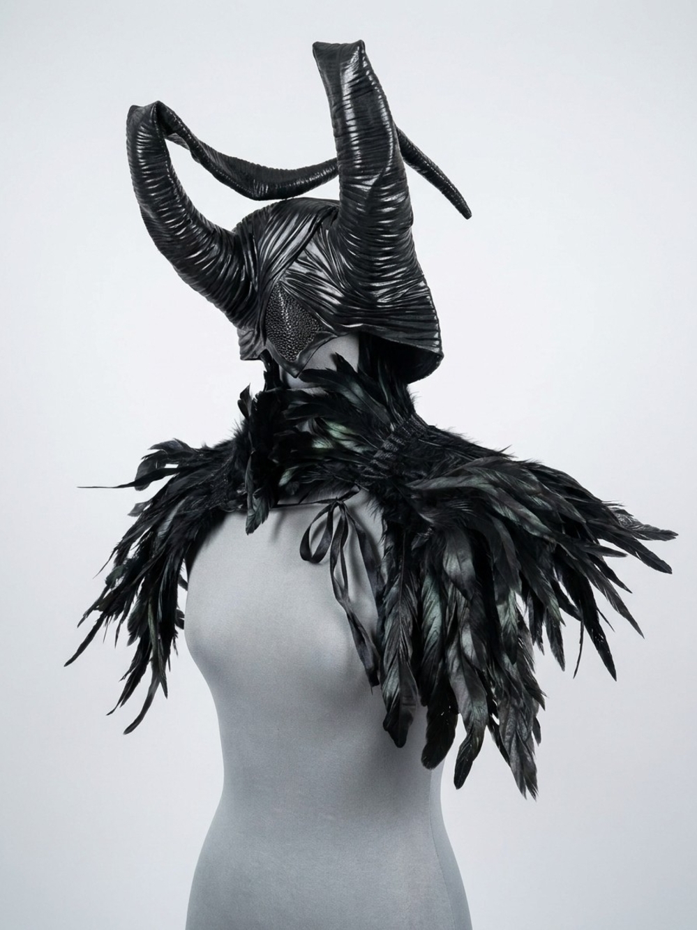 Black Feathered Horned Costume Collar and Mask